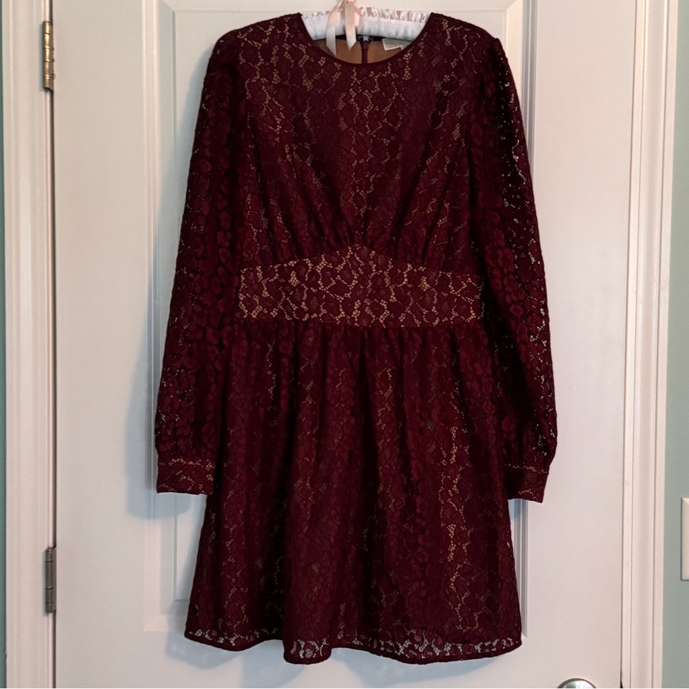 Michael Kors burgundy leopard pattern corded lace mini dress. Size small